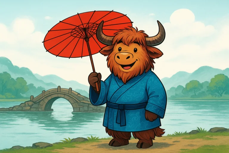 Illustration of the Yak Yacker mascot, a personified yak in a traditional blue Chinese robe, holding a red umbrella by a misty lake with a broken bridge in the background.
