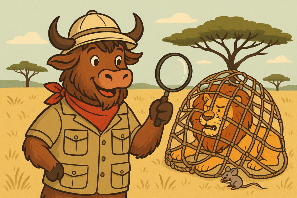A yak mascot dressed in a safari outfit points to a lion trapped in a net while a small mouse gnaws the ropes under an acacia tree in the savanna.