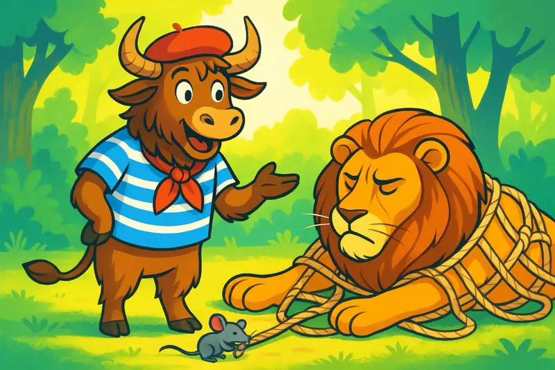 A cheerful cartoon yak wearing a French-style beret and striped shirt points at a lion caught in a net, while a small rat chews through the ropes in a bright forest clearing.