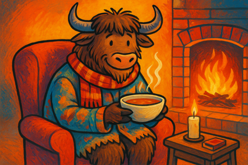 A cartoon yak dressed in a patched winter coat and scarf, sitting by a crackling fire, holding a bowl of soup, with a box of matches on a table nearby. The yak looks happy and cozy.