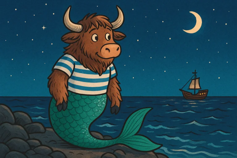A yak mascot dressed as the Little Mermaid, with a mermaid tail and sailor shirt, sitting on a rock by the sea at night, looking at a distant ship under a starry sky.