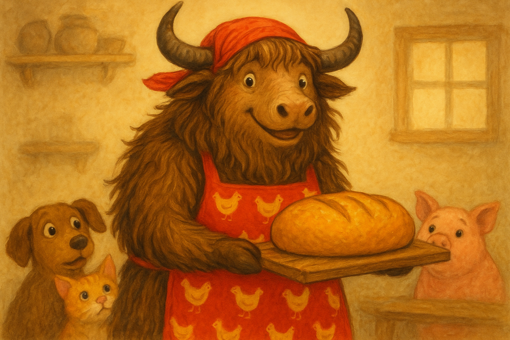 A personified yak dressed as a little red hen in a red apron and headscarf, holding a loaf of bread, while a dog, cat, and pig look on hungrily.