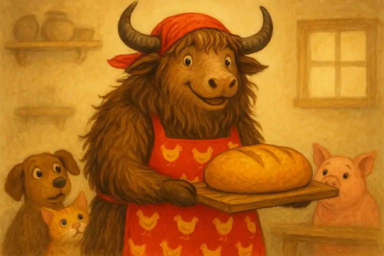 A personified yak dressed as a little red hen in a red apron and headscarf, holding a loaf of bread, while a dog, cat, and pig look on hungrily.