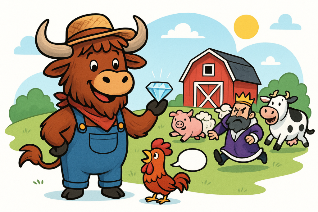 A friendly yak mascot dressed in farmer overalls and a straw hat stands in a bright farmyard, holding a sparkling diamond. A small rooster crows at its feet. In the background, a grumpy king in a robe is chased away by other farm animals. Editorial illustration in clean cartoon style.