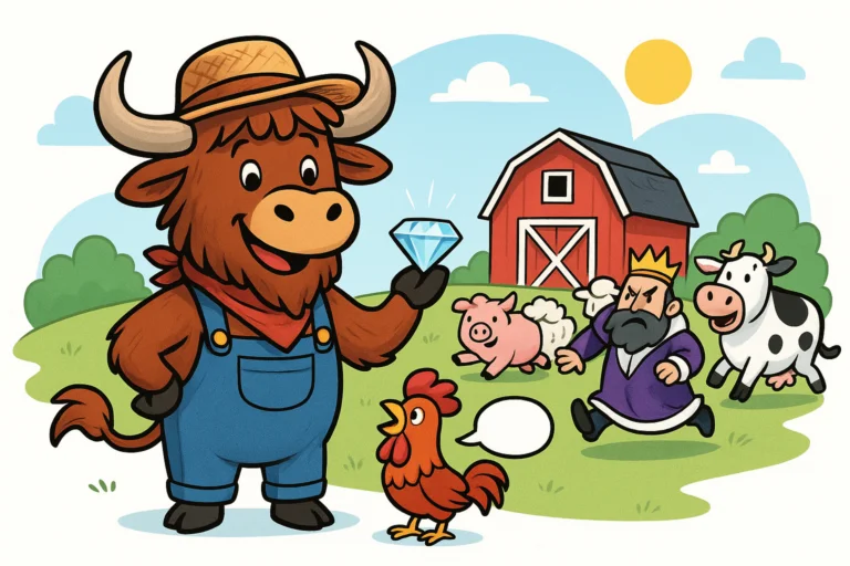 A friendly yak mascot dressed in farmer overalls and a straw hat stands in a bright farmyard, holding a sparkling diamond. A small rooster crows at its feet. In the background, a grumpy king in a robe is chased away by other farm animals. Editorial illustration in clean cartoon style.