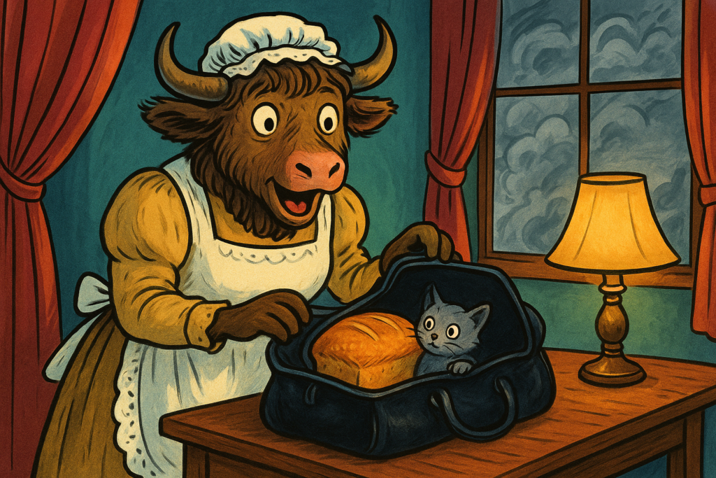 A yak dressed as a Victorian landlady, surprised and happy, holding open a small black bag containing bread and a grey kitten, in a cozy room with foggy window.