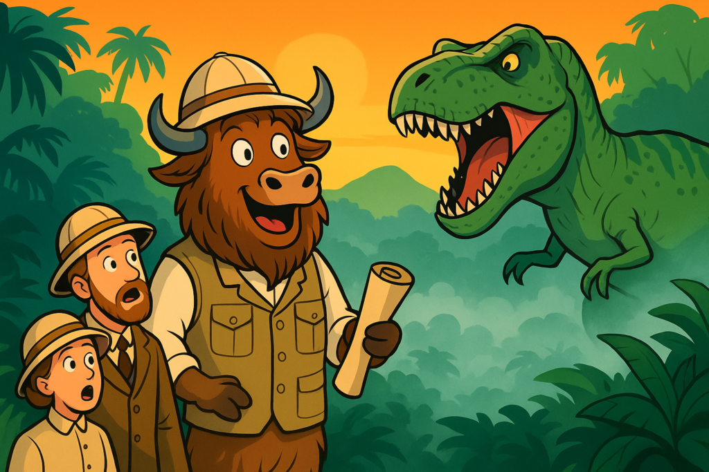 A personified yak in a safari outfit stands on a rocky plateau edge, pointing excitedly at a flying Pterodactyl over a misty prehistoric jungle.