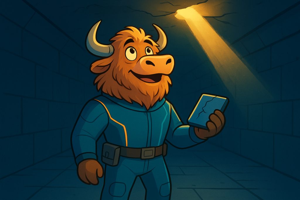 A yak mascot in a futuristic jumpsuit stands in an underground tunnel, looking up at a crack of sunlight with a hopeful expression, holding a broken tablet.