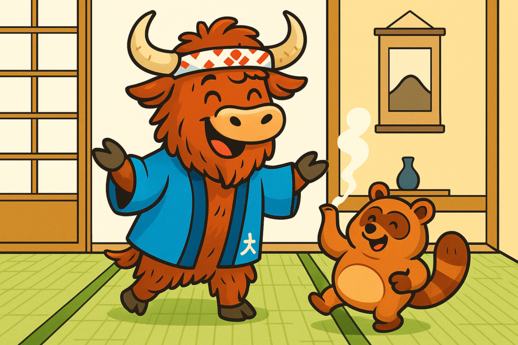 A yak dressed in a Japanese happi coat stands cheerfully beside a dancing tanuki-shaped tea kettle on a tatami mat, with steam curling upward in a bright, modern illustration.