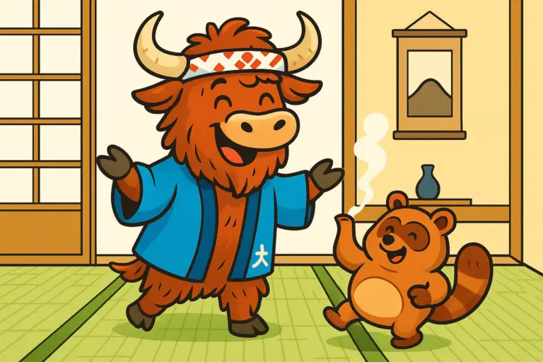 A yak dressed in a Japanese happi coat stands cheerfully beside a dancing tanuki-shaped tea kettle on a tatami mat, with steam curling upward in a bright, modern illustration.