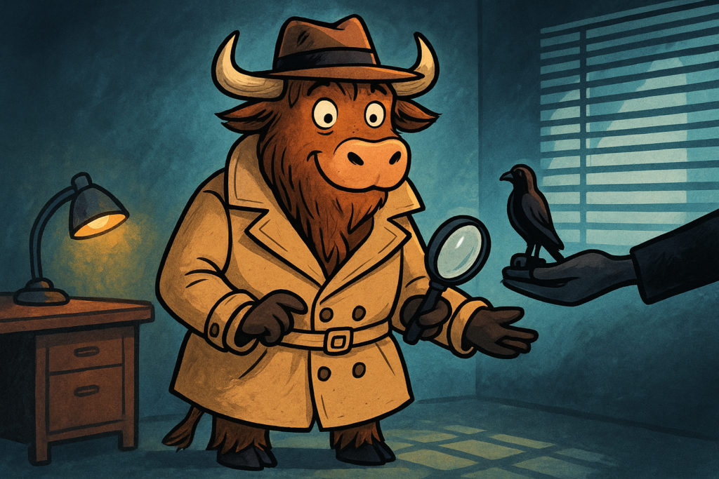 A personified yak detective in a trenchcoat and fedora examines a small black bird statue with a magnifying glass in a dim, smoky office, as a shadowy figure hands it to him.