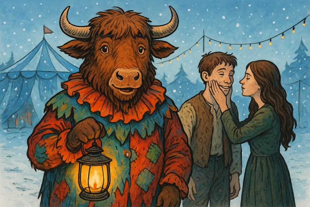 A personified yak wearing a patched carnival costume stands in a snowy fairground holding a lantern. Behind him, a man with a grotesque stretched smile and a blind woman touching his face are visible under a tent. The yak looks at the viewer with a kind expression, narrating 'The Man Who Laughs'.