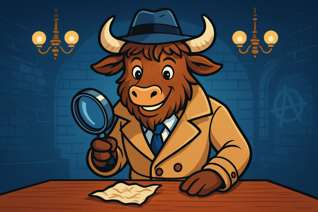 A personified yak dressed as a detective examines a note with a magnifying glass in a Victorian-style secret room. The yak has a friendly, slightly funny expression.
