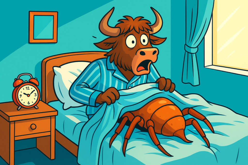 A personified yak in striped pajamas lies in bed, shocked to see his body transformed into a giant insect with a hard shell and many legs. The messy bedroom has an alarm clock indicating it is late morning.