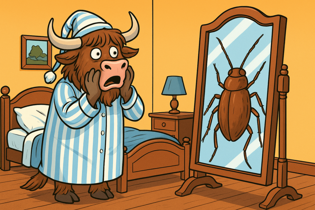 A yak in a nightshirt and sleeping cap gasps at a mirror, where its reflection is a monstrous insect, in a vibrant cartoon illustration for the story The Metamorphosis.