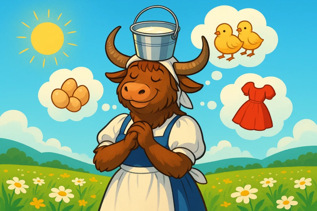 A friendly, personified yak dressed as a milkmaid walks through a sunny meadow, balancing a pail of milk on her head while daydreaming of eggs, chicks, and an elegant dress.