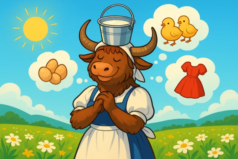 A friendly, personified yak dressed as a milkmaid walks through a sunny meadow, balancing a pail of milk on her head while daydreaming of eggs, chicks, and an elegant dress.