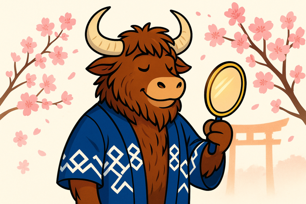 A personified yak mascot dressed in a blue Japanese happi coat holds a small mirror, smiling softly amid cherry blossoms and a torii gate.