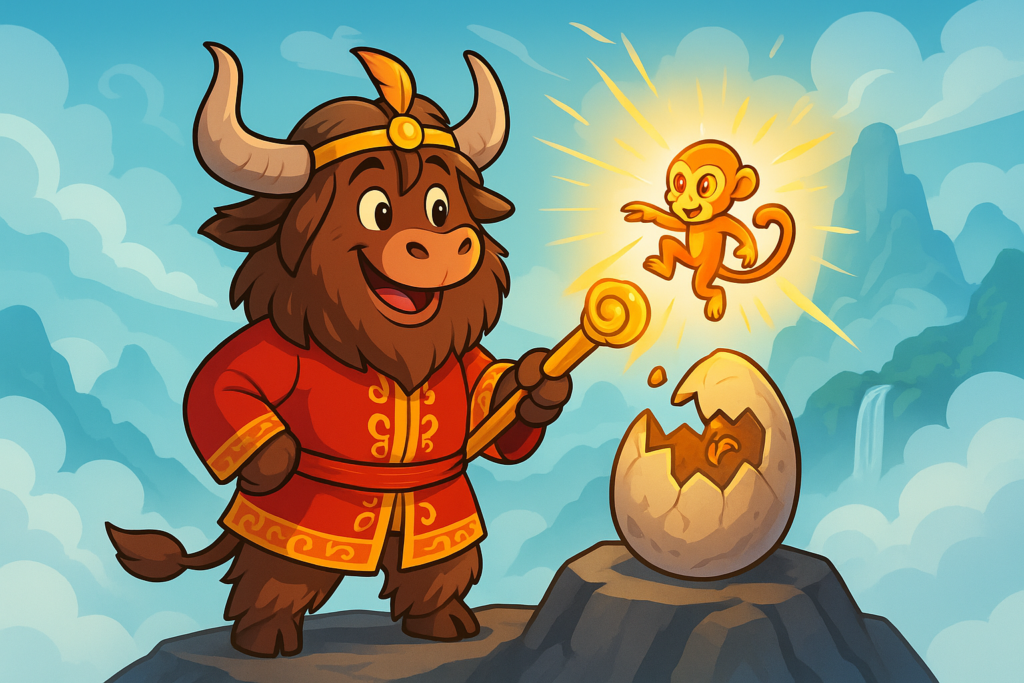 A personified yak mascot dressed as the Monkey King in a red and gold Chinese outfit, pointing to a glowing stone egg as a golden monkey emerges on a misty mountain.
