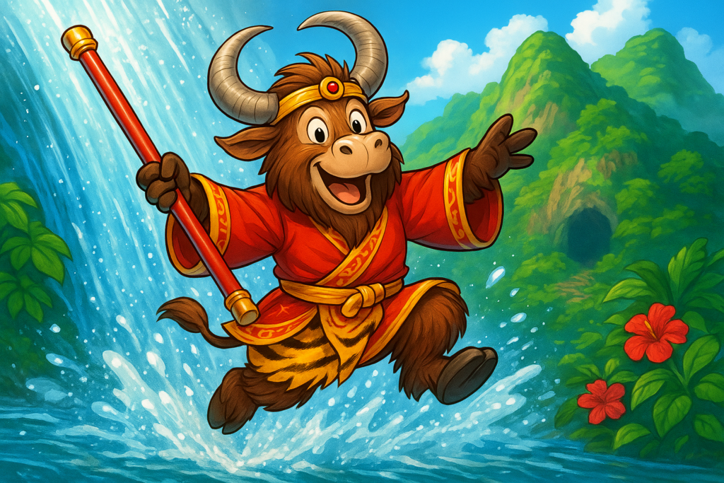 A personified yak dressed as the Monkey King, wearing a golden headband and red robe, holding a magical staff, leaping through a bright waterfall with a joyful expression.