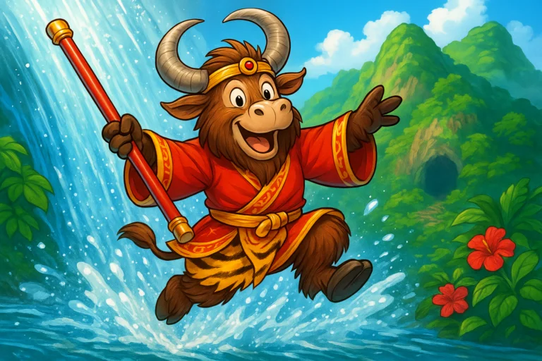 A personified yak dressed as the Monkey King, wearing a golden headband and red robe, holding a magical staff, leaping through a bright waterfall with a joyful expression.
