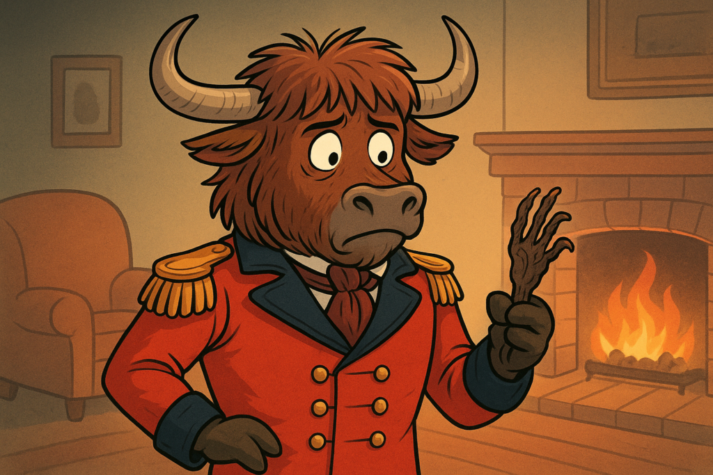 A yak dressed like a 19th-century British officer holds a shriveled monkey's paw, looking at it warily.
