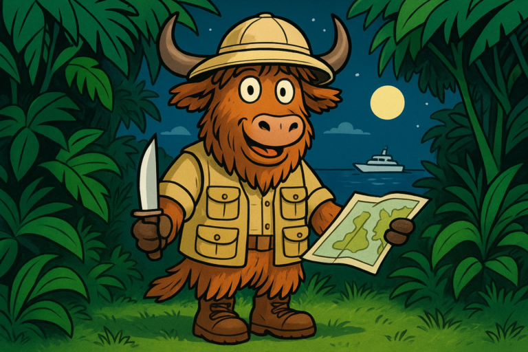 A personified yak in safari explorer gear stands in a jungle, holding a knife and map, with a yacht visible in the moonlit sea behind.