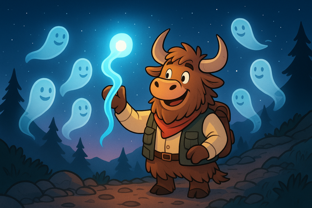A personified yak wearing an explorer vest and red bandana stands on a mountain path at night, holding a glowing blue ribbon towards floating spirits. The yak's face is warm and goofy.
