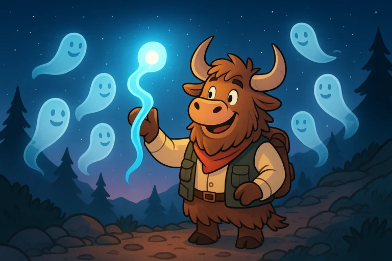 A personified yak wearing an explorer vest and red bandana stands on a mountain path at night, holding a glowing blue ribbon towards floating spirits. The yak's face is warm and goofy.