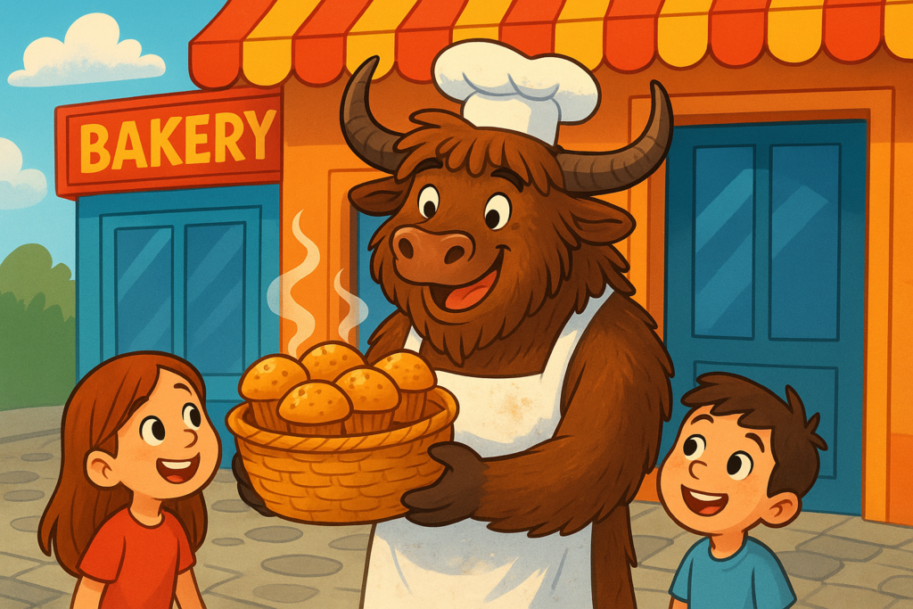 A friendly yak baker in a flour-dusted apron offers a basket of warm muffins to two excited children outside a colorful bakery on a sunny cobblestone street.
