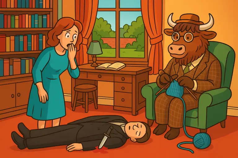 Editorial illustration of a cozy vicarage study with a body on the floor, a shocked woman, and a personified yak dressed as Miss Marple knitting calmly in a corner armchair.