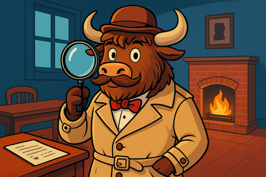 A cartoon yak dressed as Hercule Poirot, with shaggy fur, curved horns, and a large moustache, wearing a trench coat and bowler hat, holding a magnifying glass, in a study room with a letter on a desk.