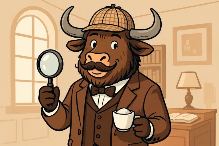 A yak detective in a deerstalker hat and suit inspects a coffee cup with a magnifying glass.