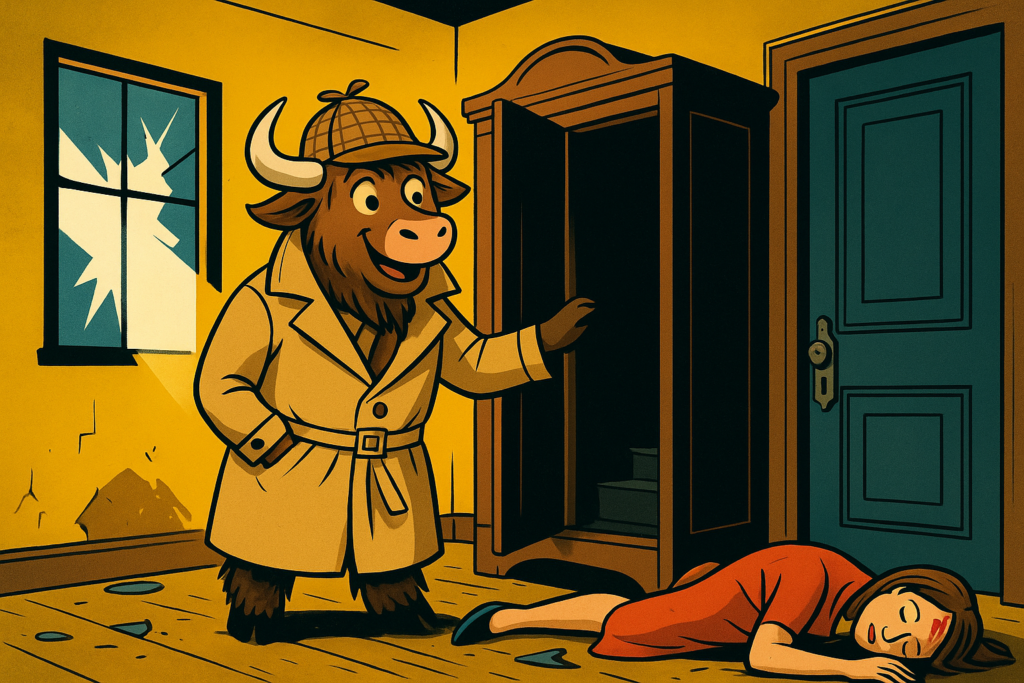 A personified yak detective in a trench coat and deerstalker hat opens a wardrobe to reveal a hidden passage in a yellow room, while an injured woman lies on the floor nearby.