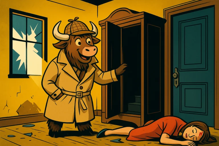 A personified yak detective in a trench coat and deerstalker hat opens a wardrobe to reveal a hidden passage in a yellow room, while an injured woman lies on the floor nearby.