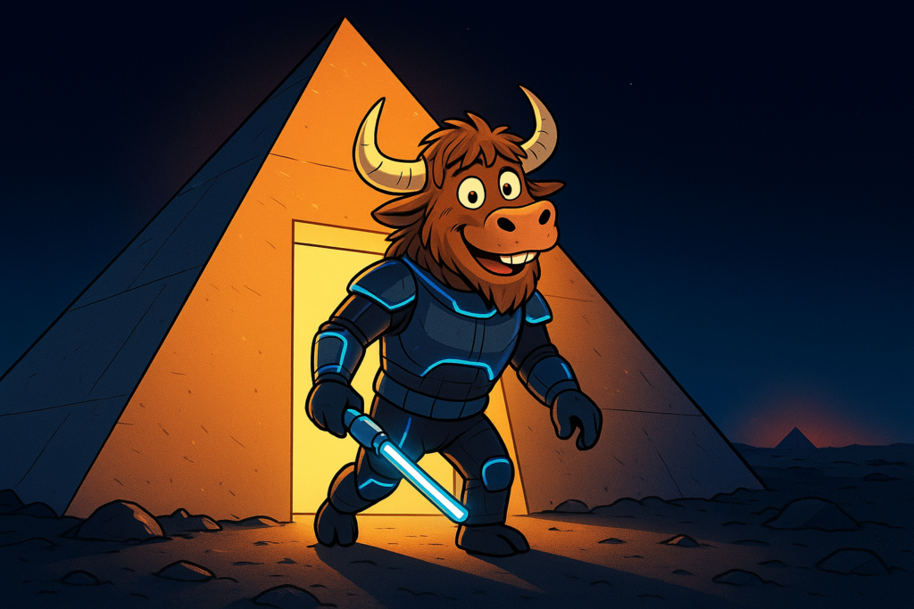 A yak mascot in a futuristic protective suit holding a light weapon steps out of a glowing pyramid into a dark, rocky landscape, with a small pyramid visible in the distance.