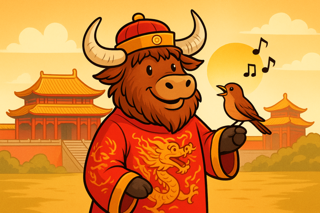 Yak Yacker mascot dressed as a Chinese emperor gently holds a singing nightingale in front of a grand palace under a golden sunrise.