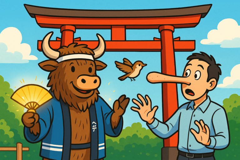 A cartoon yak mascot in a Japanese happi coat stands under a red torii gate, holding a glowing fan. Next to him, a man's long, bumpy nose floats away from his face, as a small sparrow flutters by. Bright and playful editorial illustration.
