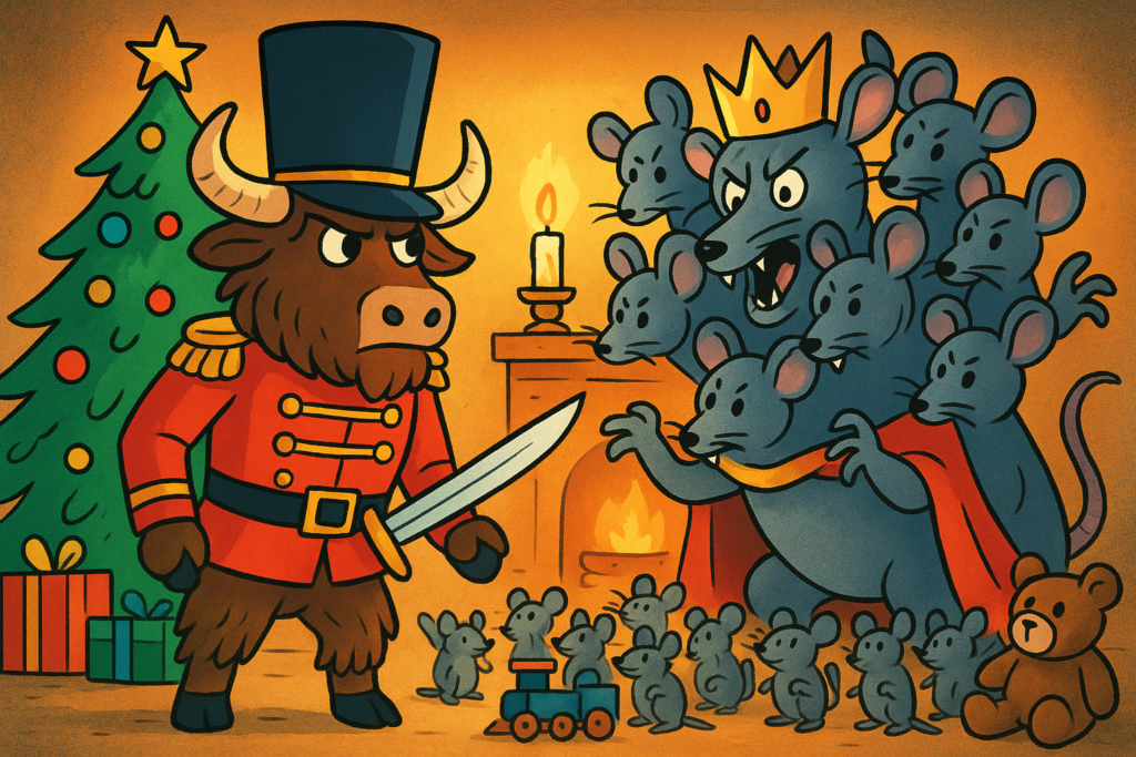 A personified yak in a red nutcracker soldier uniform duels a seven-headed mouse king in a candlelit living room.