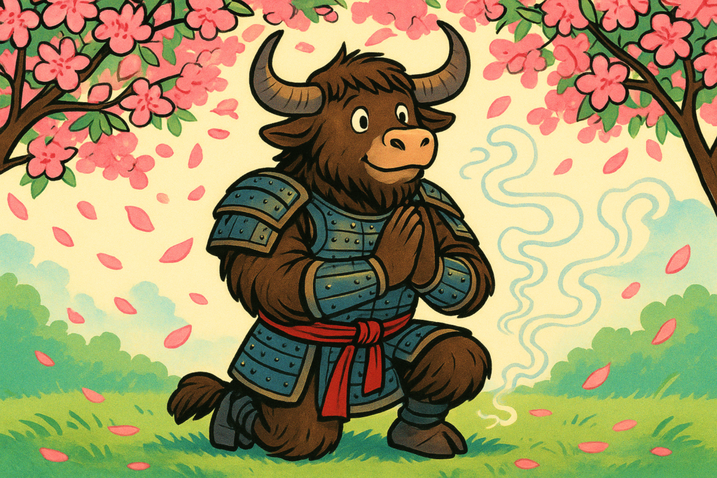 A yak mascot in ancient Chinese armor kneels under blooming pink peach blossoms, clasping its hooves in a solemn oath with incense smoke rising.