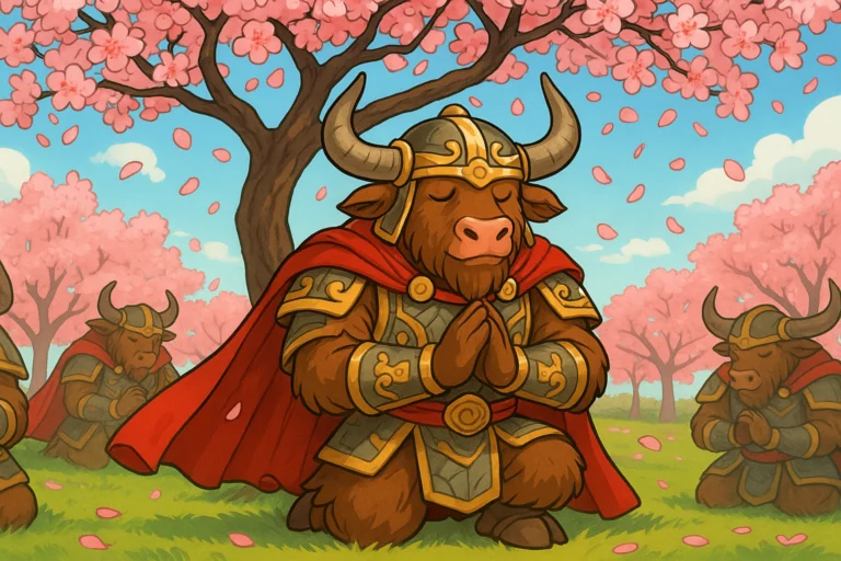 A personified yak dressed in ancient Chinese armor kneels under pink peach blossoms, taking an oath with two other warrior yaks in a bright, editorial cartoon illustration.