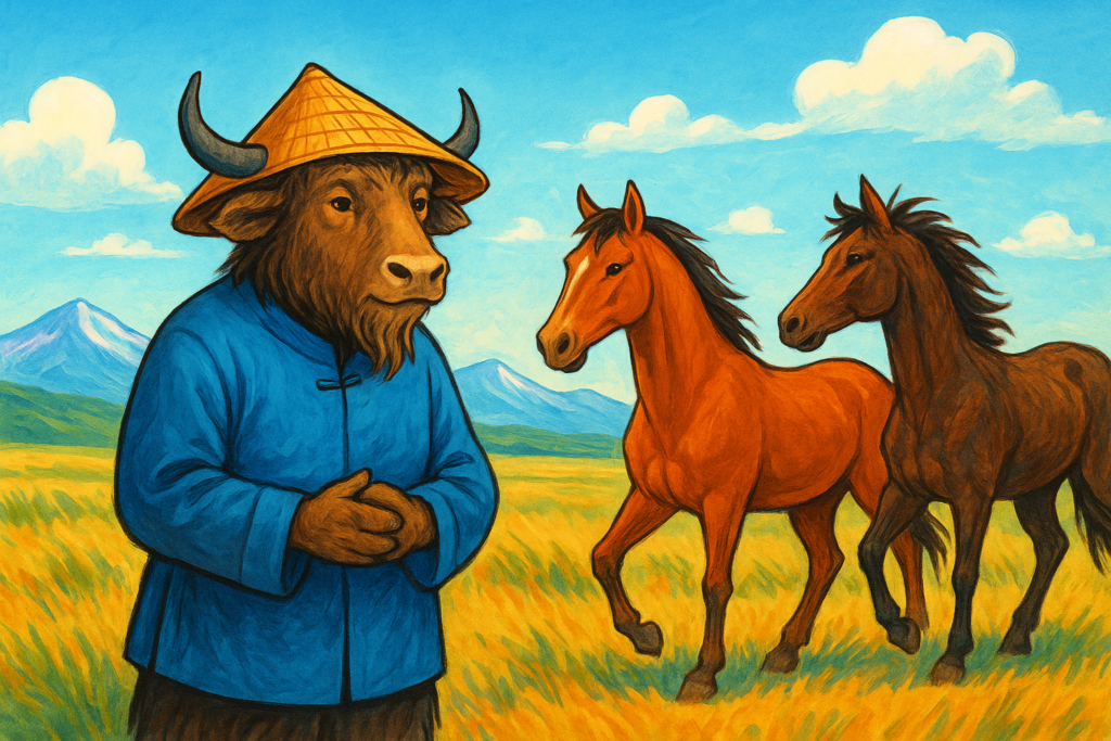 A yak dressed as an old Chinese farmer watches a horse return with a wild horse, illustrating the story 'The Old Man Who Lost His Horse'.