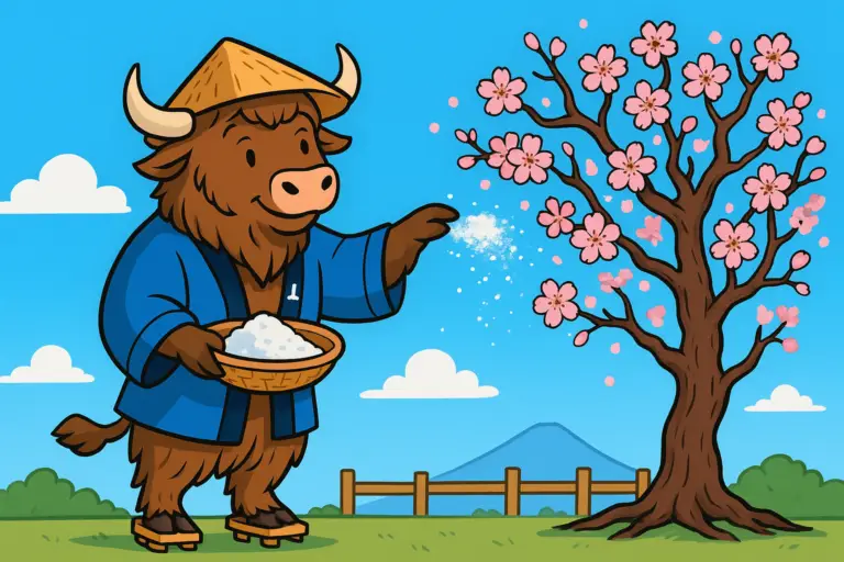 A personified yak in a blue Japanese happi coat and straw hat scattering white powder onto a leafless tree, which bursts into pink cherry blossoms under a bright blue sky.