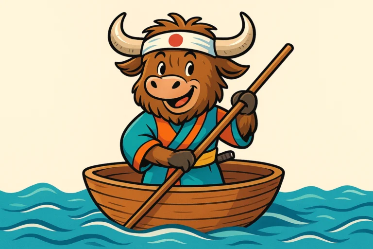 A personified yak dressed as the one-inch tall boy Issun-bōshi, standing in a rice bowl boat on a river, using a chopstick as an oar, with a needle sword at his side.