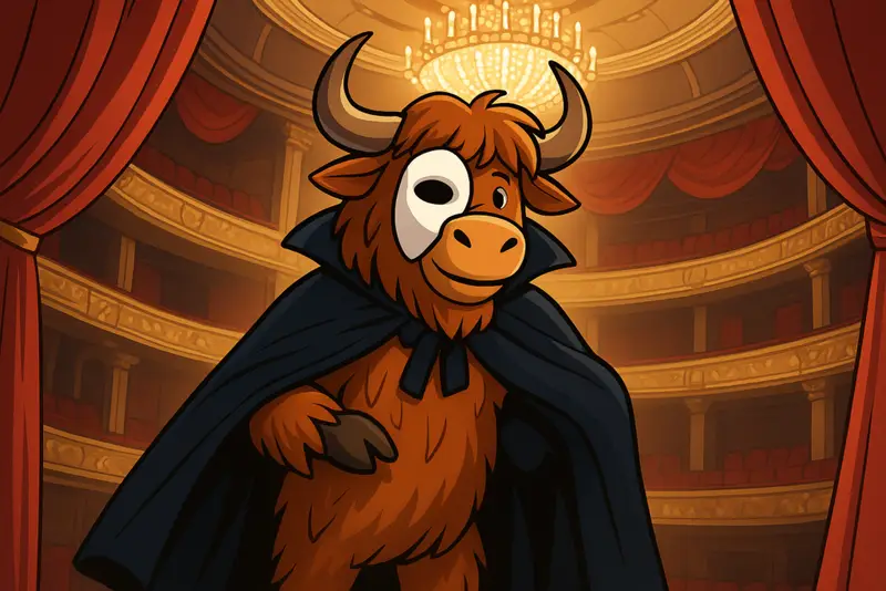 A yak mascot disguised as the Phantom of the Opera, wearing a black cape and holding a white mask, stands in an ornate opera house with a glowing chandelier.