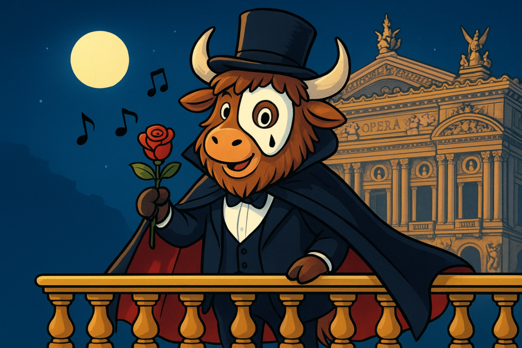 A friendly, personified yak wearing a Phantom of the Opera costume, including a black cape, white half-mask, and top hat, standing in front of the Paris Opera House at night, holding a red rose. The yak has shaggy fur, curved horns, and a warm, funny expression. The image is a bright, colorful cartoon illustration.