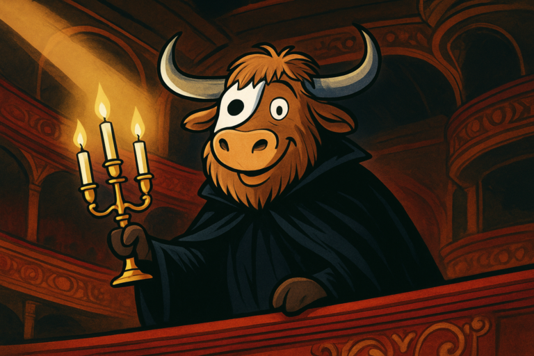 A cartoon yak mascot dressed as the Phantom of the Opera in a black cloak and white mask, peeking from the dark rafters of a grand opera house.