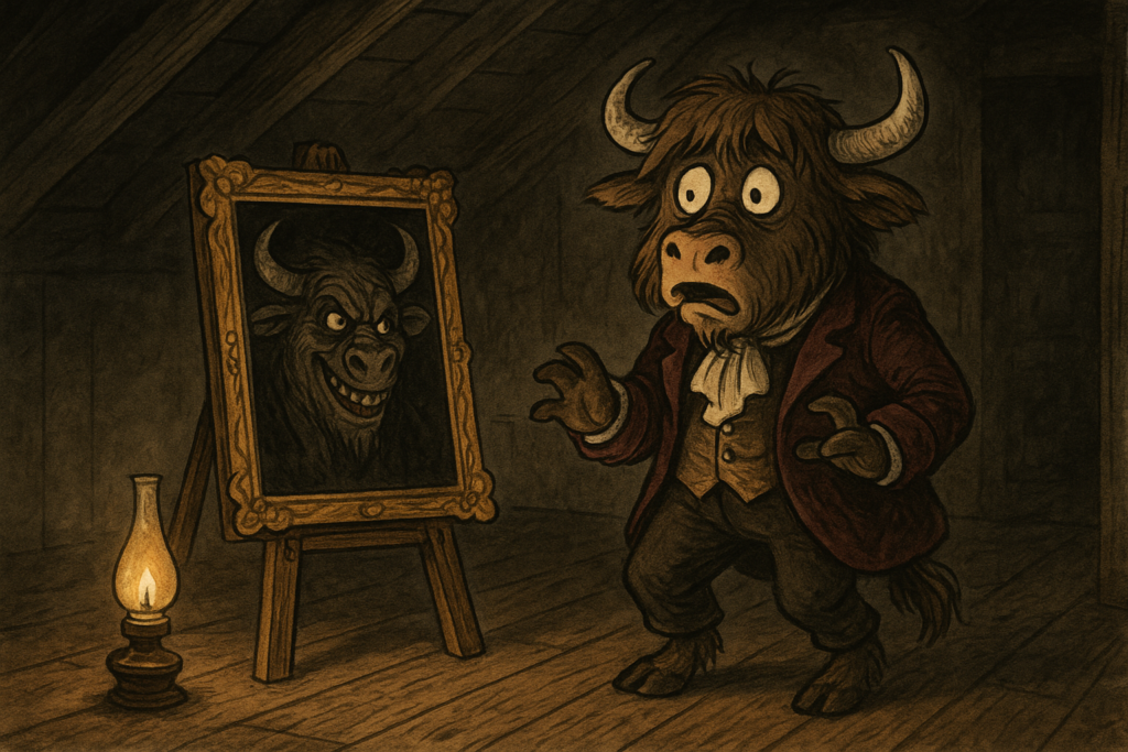 A yak dressed in a Victorian suit stares in horror at a twisted, hideous portrait of itself on an easel in a dimly lit room.