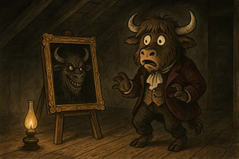 A yak dressed in a Victorian suit stares in horror at a twisted, hideous portrait of itself on an easel in a dimly lit room.