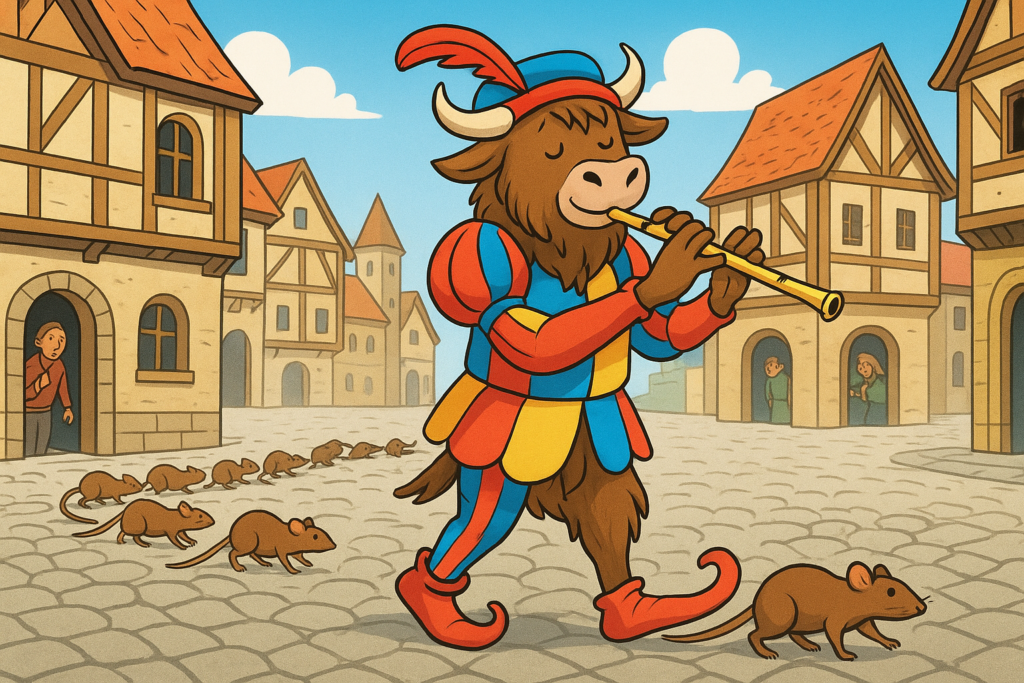 The Yak Yacker mascot, a shaggy yak with curved horns, dressed as the Pied Piper, plays a flute while leading a line of brown rats through a sunny medieval town square.